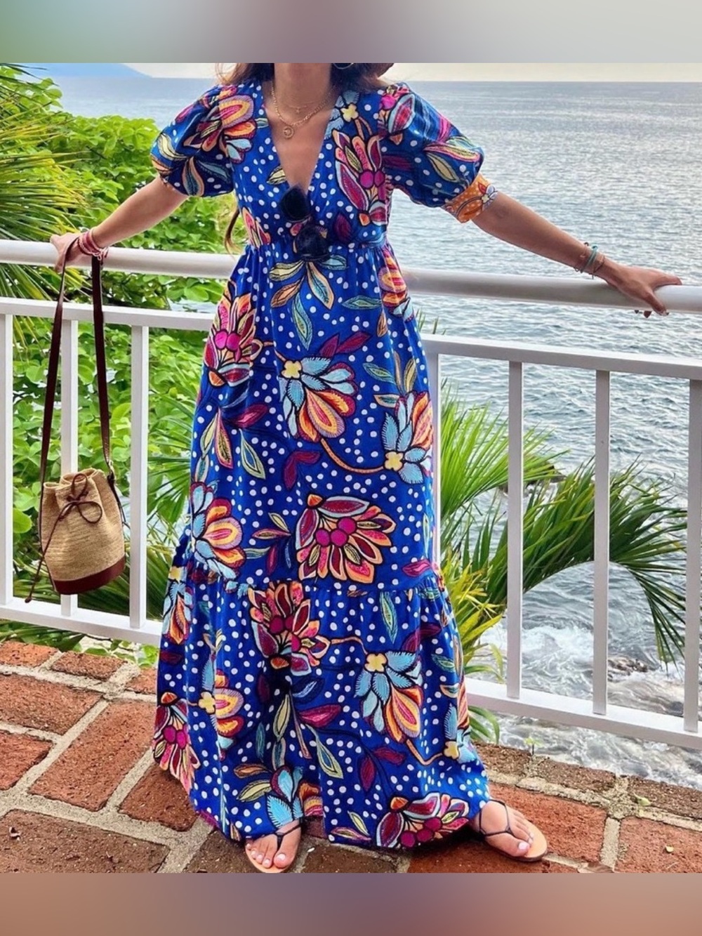 Blue Floral V-Neck Maxi Dress with Puff Sleeves